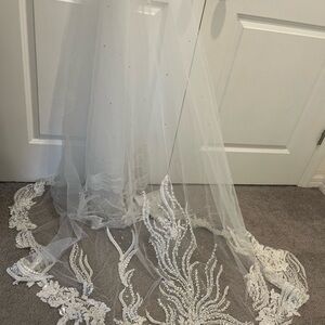 Beaded Lace Wedding Veil in White